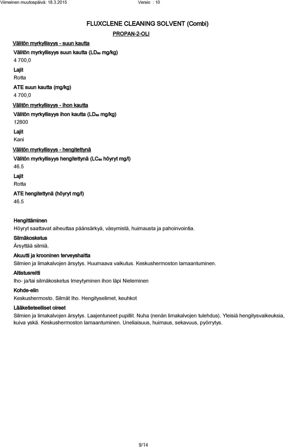 5 Hengittäminen Höyryt saattavat aiheuttaa päänsärkyä, väsymistä, huimausta ja pahoinvointia. Silmäkosketus Ärsyttää silmiä. Akuutti ja krooninen terveyshaitta Silmien ja limakalvojen ärsytys.