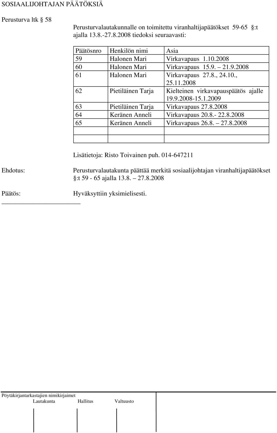 8.2008 64 Keränen Anneli Virkavapaus 20.8.- 22.8.2008 65 Keränen Anneli Virkavapaus 26.8. 27.8.2008 Lisätietoja: Risto Toivainen puh.