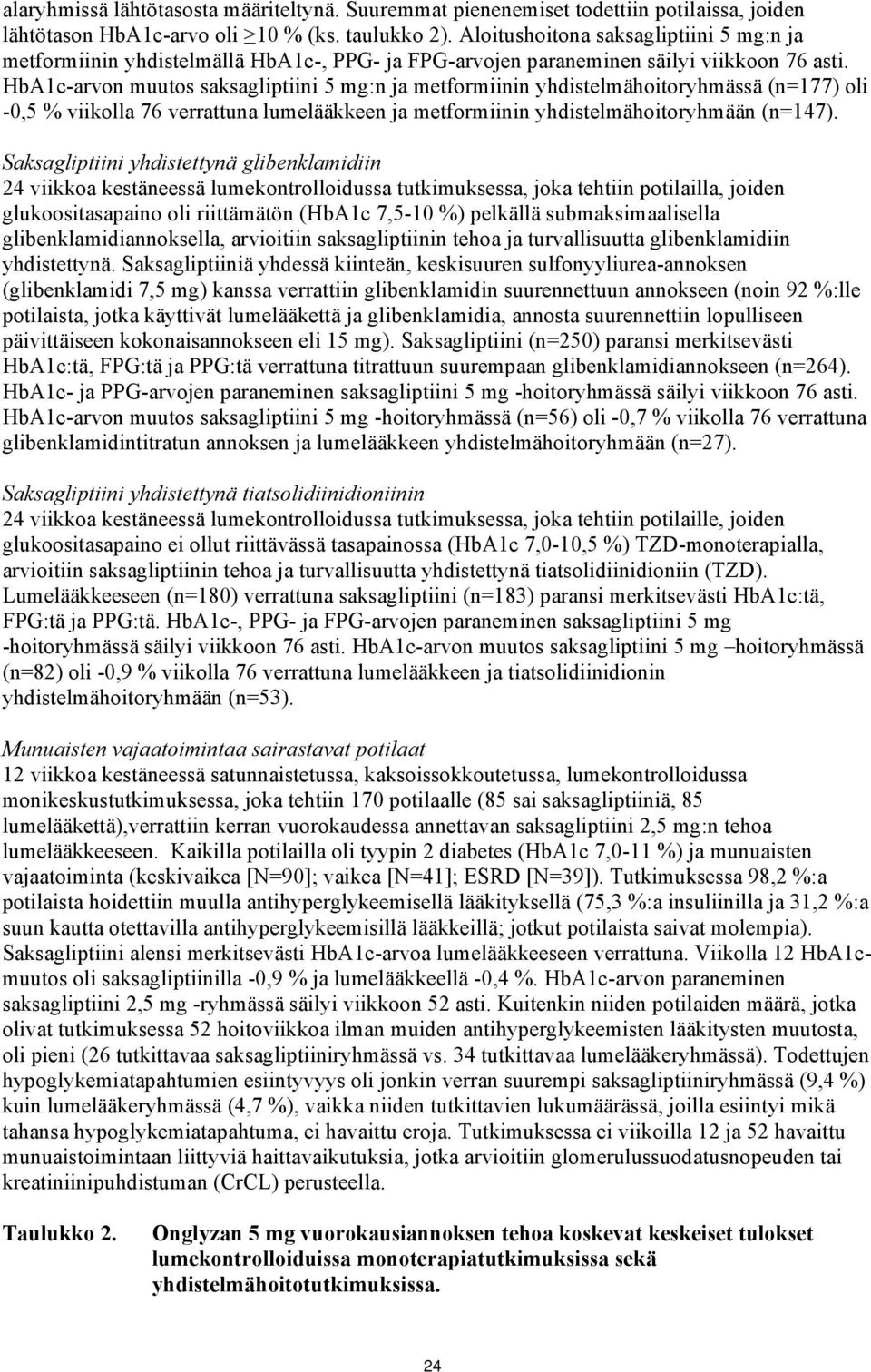 HbA1c-arvon muutos saksagliptiini 5 mg:n ja metformiinin yhdistelmähoitoryhmässä (n=177) oli -0,5 % viikolla 76 verrattuna lumelääkkeen ja metformiinin yhdistelmähoitoryhmään (n=147).