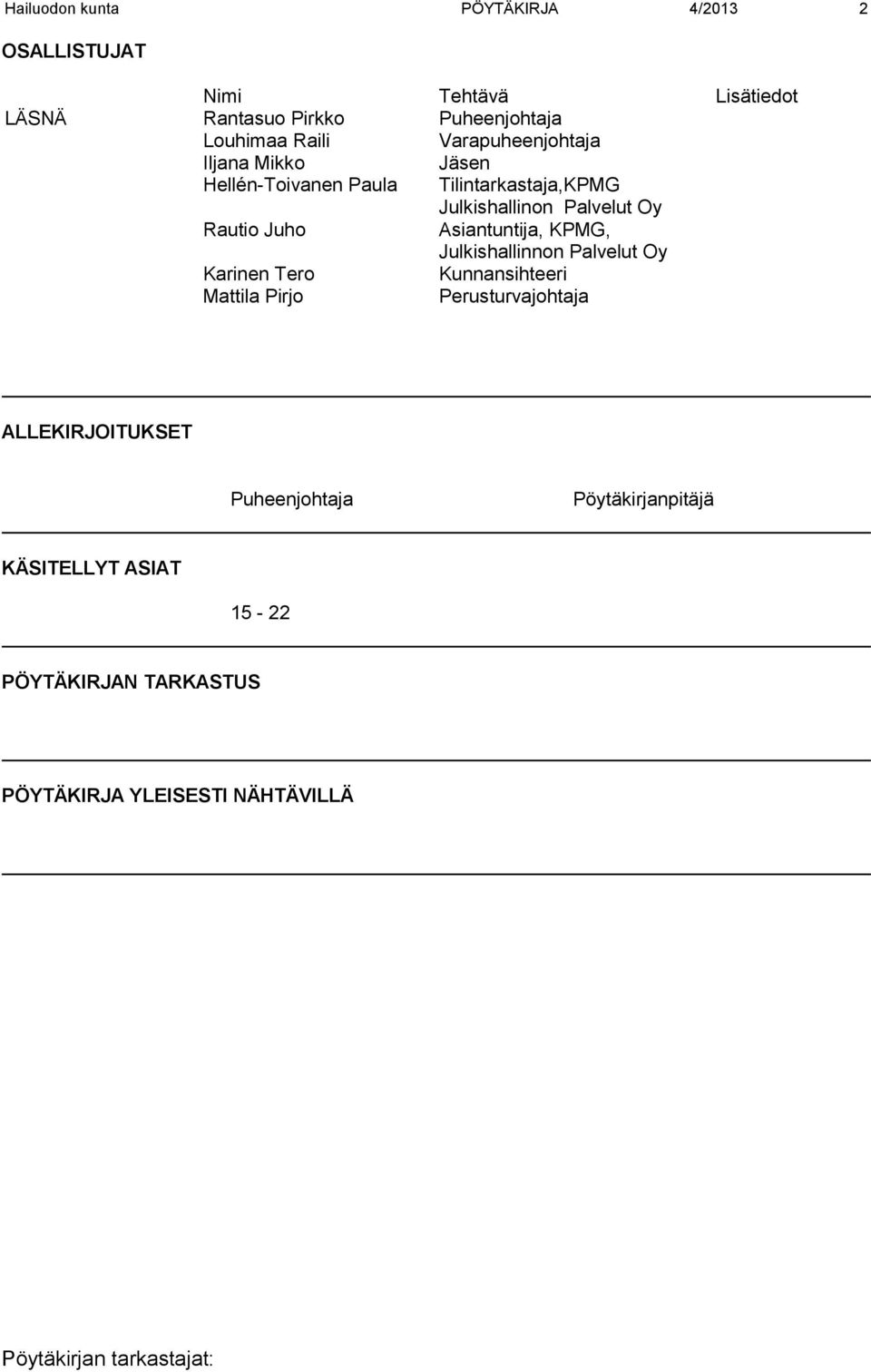 Rautio Juho Asiantuntija, KPMG, Julkishallinnon Palvelut Oy Karinen Tero Kunnansihteeri Mattila Pirjo