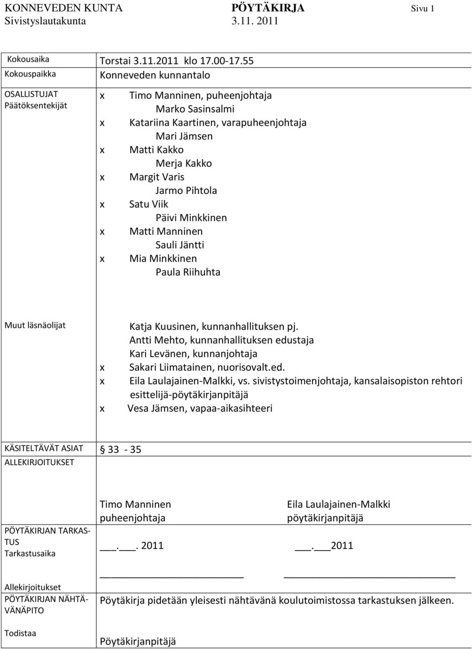 Varis Jarmo Pihtola Satu Viik Päivi Minkkinen Matti Manninen Sauli Jäntti Mia Minkkinen Paula Riihuhta Muut läsnäolijat Katja Kuusinen, kunnanhallituksen pj.