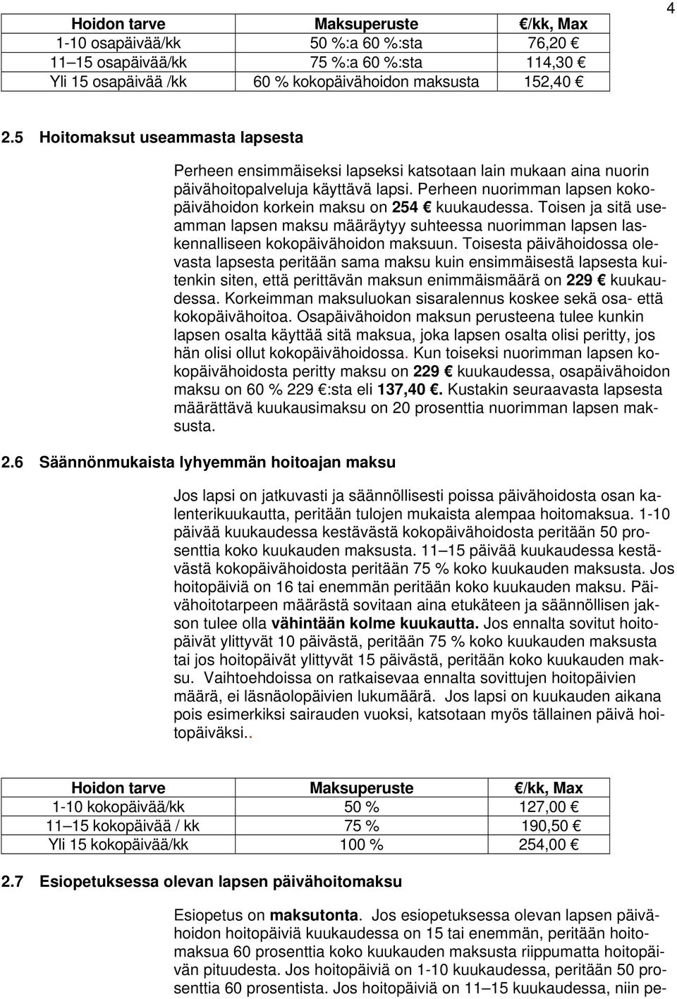 Perheen nuorimman lapsen kokopäivähoidon korkein maksu on 254 kuukaudessa. Toisen ja sitä useamman lapsen maksu määräytyy suhteessa nuorimman lapsen laskennalliseen kokopäivähoidon maksuun.