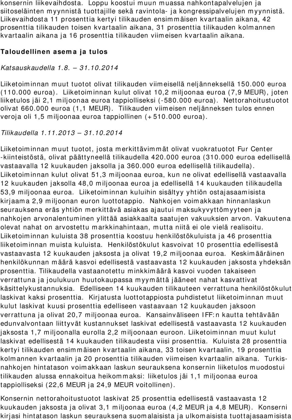 tilikauden viimeisen kvartaalin aikana. Taloudellinen asema ja tulos Katsauskaudella 1.8. 31.10.2014 Liiketoiminnan muut tuotot olivat tilikauden viimeisellä neljänneksellä 150.000 euroa (110.