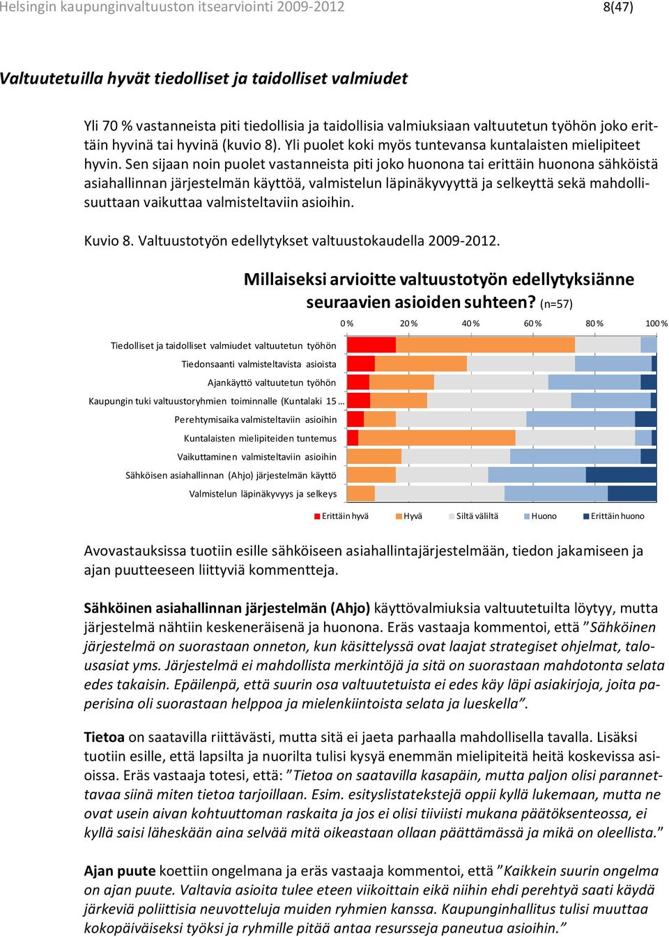 Sen sijaan noin puolet vastanneista piti joko huonona tai erittäin huonona sähköistä asiahallinnan järjestelmän käyttöä, valmistelun läpinäkyvyyttä ja selkeyttä sekä mahdollisuuttaan vaikuttaa