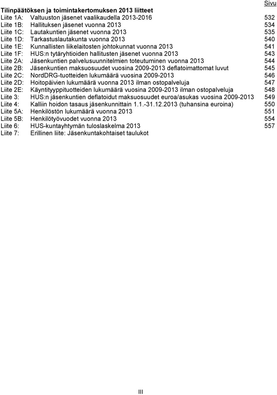 Jäsenkuntien palvelusuunnitelmien toteutuminen vuonna 2013 544 Liite 2B: Jäsenkuntien maksuosuudet vuosina 2009-2013 deflatoimattomat luvut 545 Liite 2C: NordDRG-tuotteiden lukumäärä vuosina