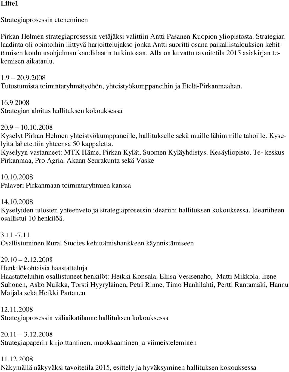 Alla on kuvattu tavoitetila 2015 asiakirjan tekemisen aikataulu. 1.9 20.9.2008 Tutustumista toimintaryhmätyöhön, yhteistyökumppaneihin ja Etelä-Pirkanmaahan. 16.9.2008 Strategian aloitus hallituksen kokouksessa 20.