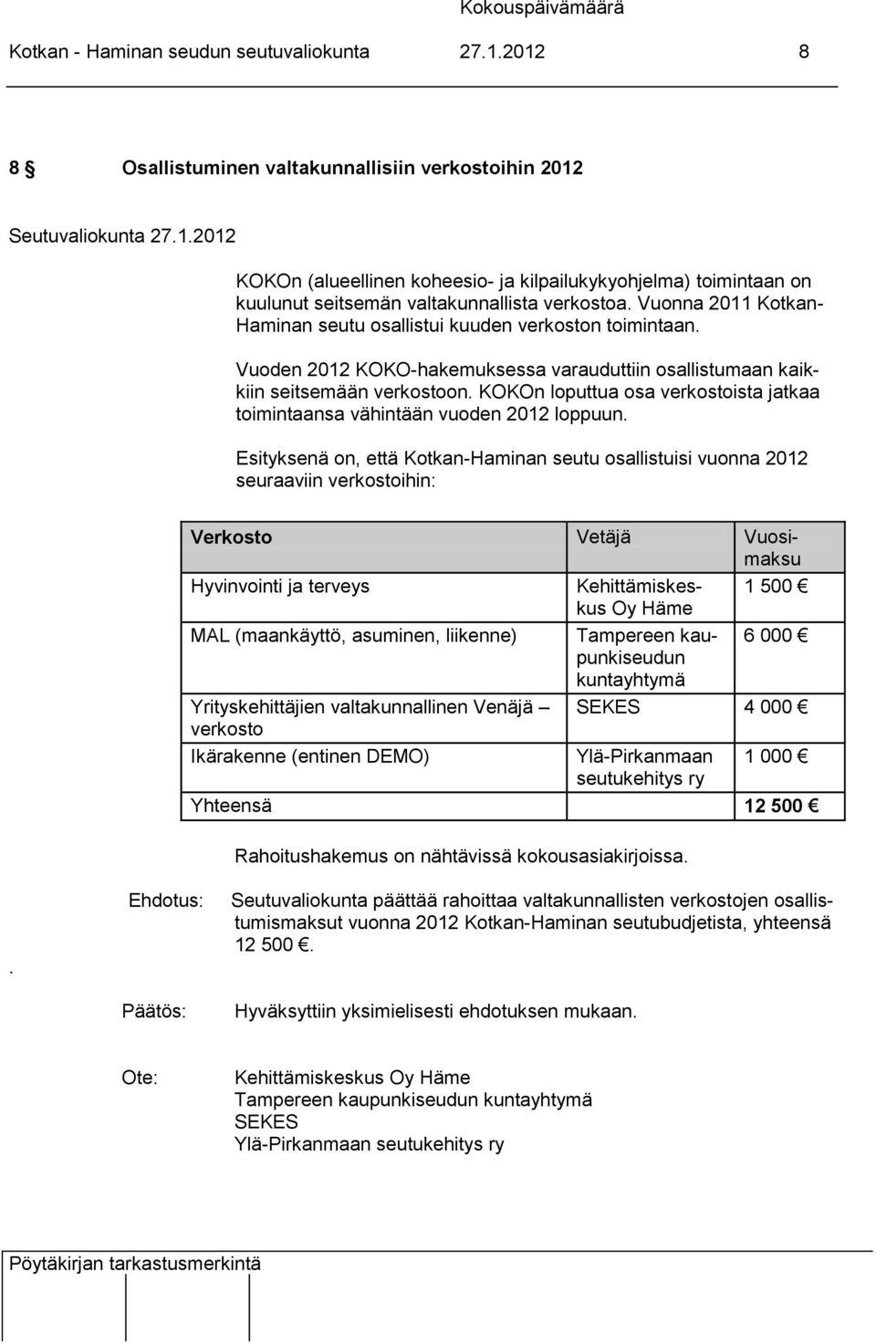 Vuonna 2011 Kotkan- Haminan seutu osallistui kuuden verkoston toimintaan. Vuoden 2012 KOKO-hakemuksessa varauduttiin osallistumaan kaikkiin seitsemään verkostoon.
