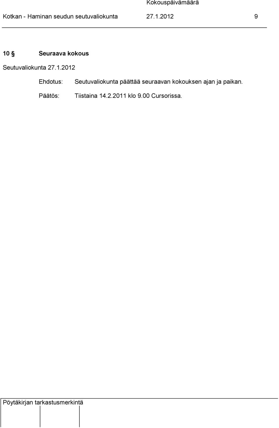 Seutuvaliokunta päättää seuraavan