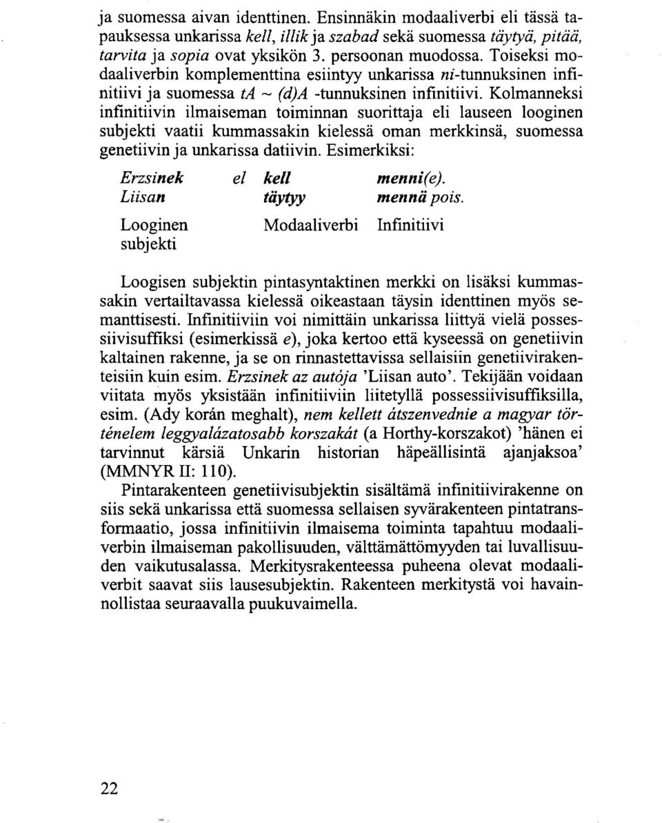 Kolmanneksi infinitiivin ilmaiseman toiminnan suorittaja eli lauseen looginen subjekti vaatii kummassakin kielessä oman merkkinsä, suomessa genetiivin ja unkarissa datiivin.