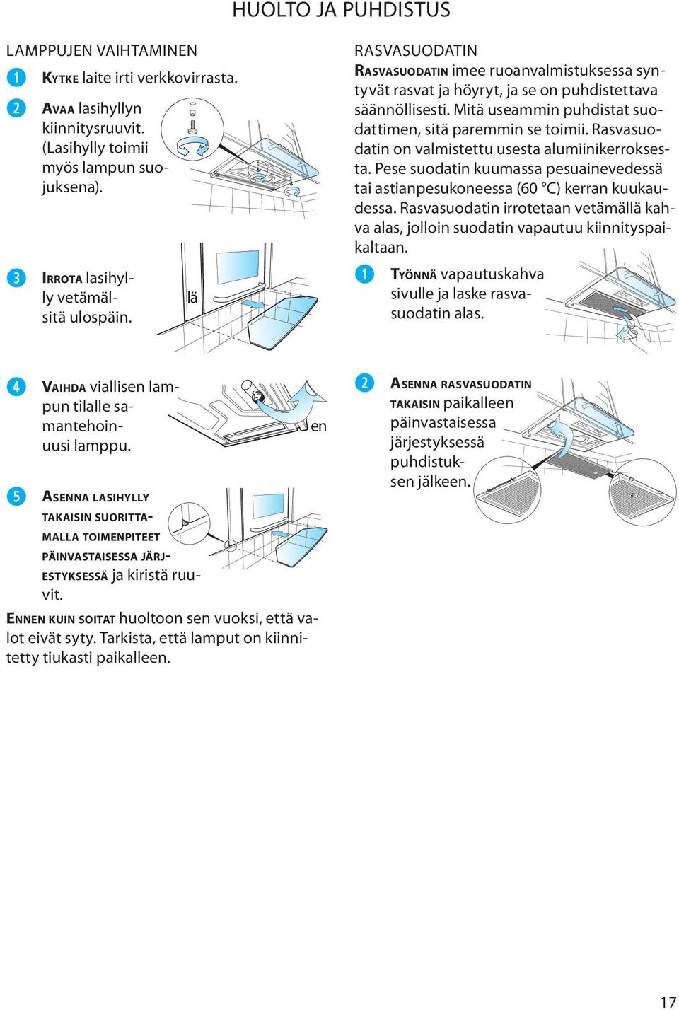 Rasvasuodatin on valmistettu usesta alumiinikerroksesta. Pese suodatin kuumassa pesuainevedessä tai astianpesukoneessa (60 C) kerran kuukaudessa.