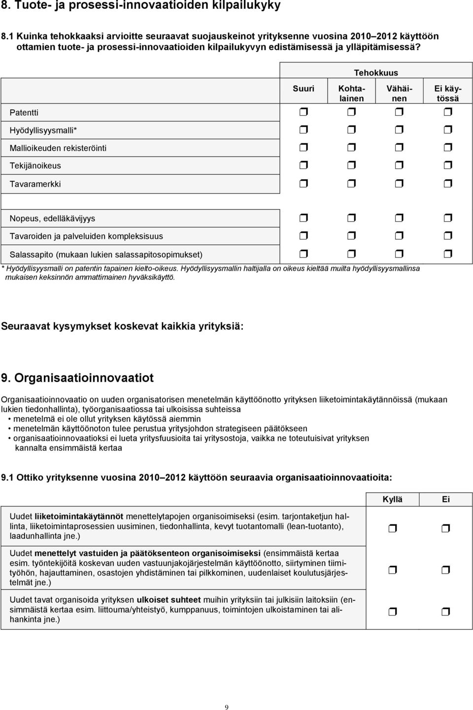 Suuri Tehokkuus Kohtalainen Vähäinen Patentti Hyödyllisyysmalli* Mallioikeuden rekisteröinti Tekijänoikeus Tavaramerkki käytössä Nopeus, edelläkävijyys Tavaroiden ja palveluiden kompleksisuus