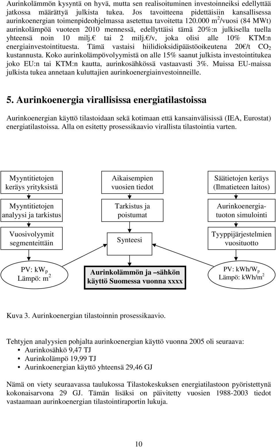 000 m 2 /vuosi (84 MWt) aurinkolämpöä vuoteen 2010 mennessä, edellyttäisi tämä 20%:n julkisella tuella yhteensä noin 10 milj. tai 2 milj. /v, joka olisi alle 10% KTM:n energiainvestointituesta.