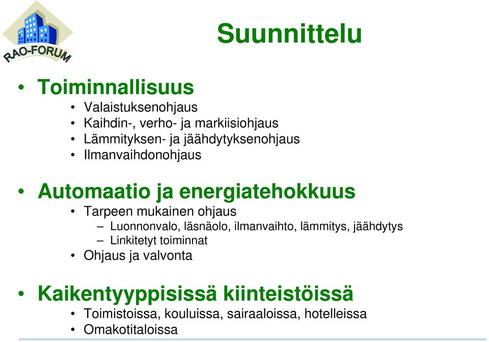 Luonnonvalo, läsnäolo, ilmanvaihto, lämmitys, jäähdytys y Linkitetyt toiminnat Ohjaus ja valvonta