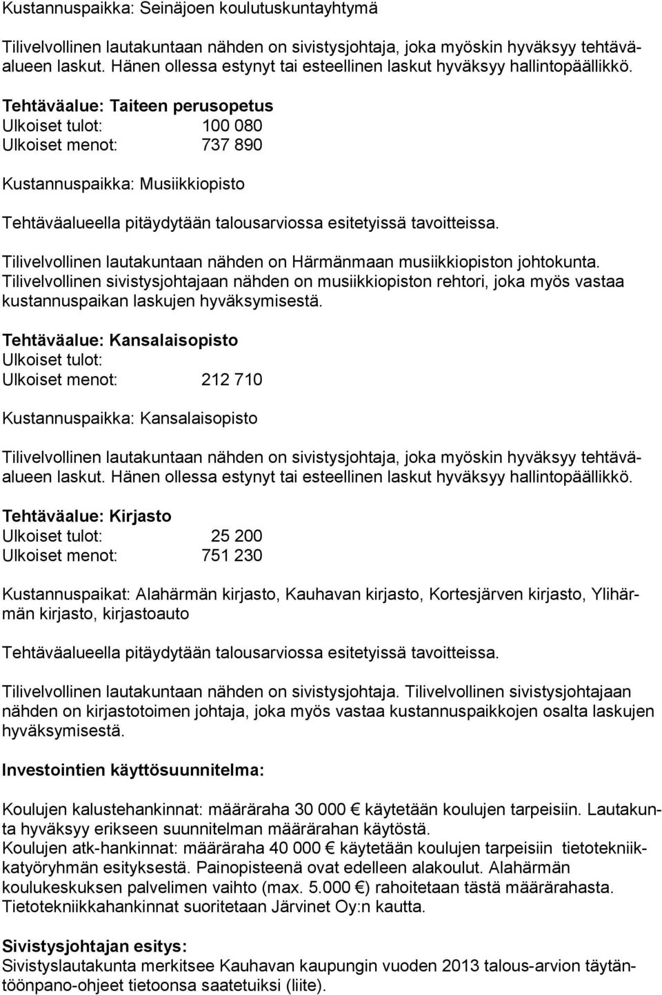Tehtäväalue: Kansalaisopisto Ulkoiset menot: 212 710 Kustannuspaikka: Kansalaisopisto Tehtäväalue: Kirjasto 25 200 Ulkoiset menot: 751 230 Kustannuspaikat: Alahärmän kirjasto, Kauhavan kirjasto,