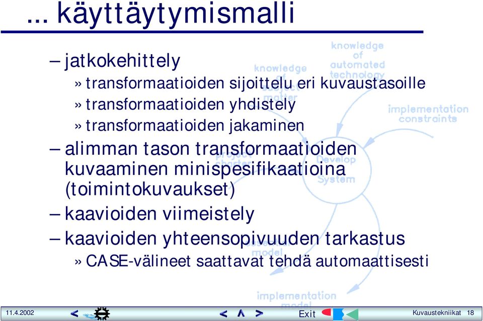 transformaatioiden kuvaaminen minispesifikaatioina (toimintokuvaukset) kaavioiden