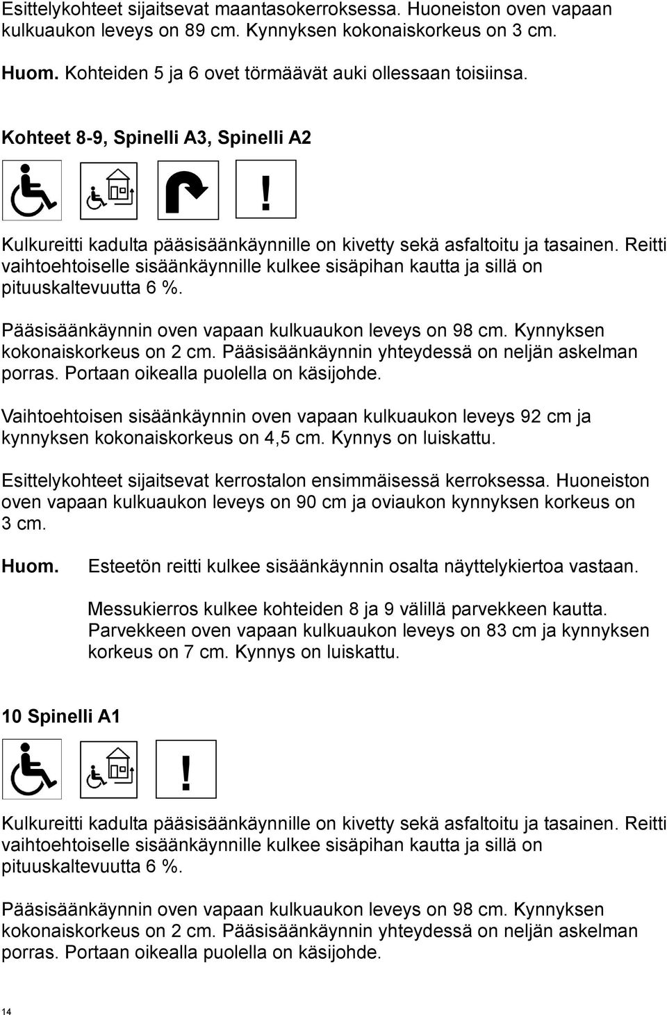 Reitti vaihtoehtoiselle sisäänkäynnille kulkee sisäpihan kautta ja sillä on pituuskaltevuutta 6 %. Pääsisäänkäynnin oven vapaan kulkuaukon leveys on 98 cm. Kynnyksen kokonaiskorkeus on cm.