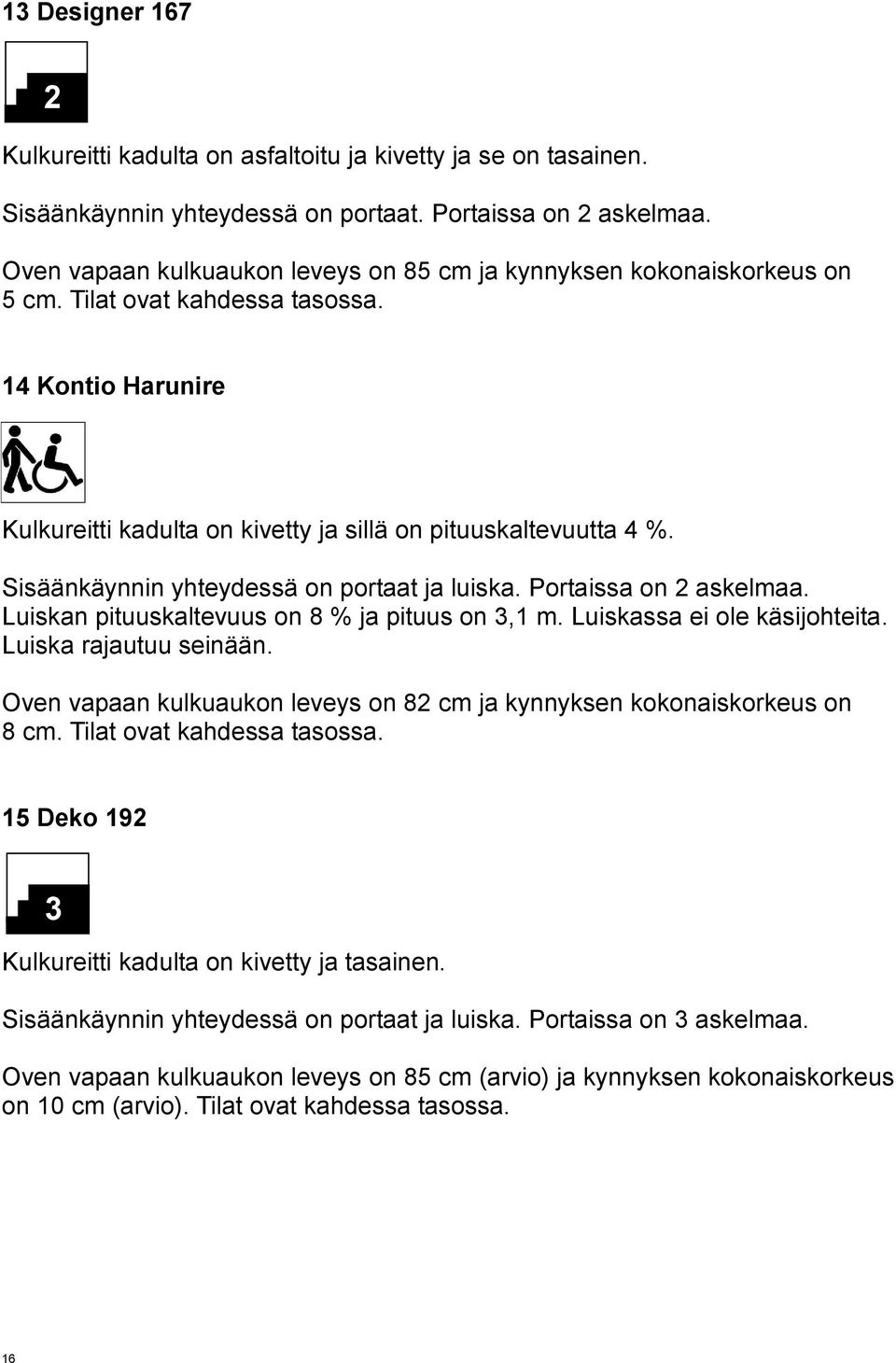 Sisäänkäynnin yhteydessä on portaat ja luiska. Portaissa on askelmaa. Luiskan pituuskaltevuus on 8 % ja pituus on 3,1 m. Luiskassa ei ole käsijohteita. Luiska rajautuu seinään.
