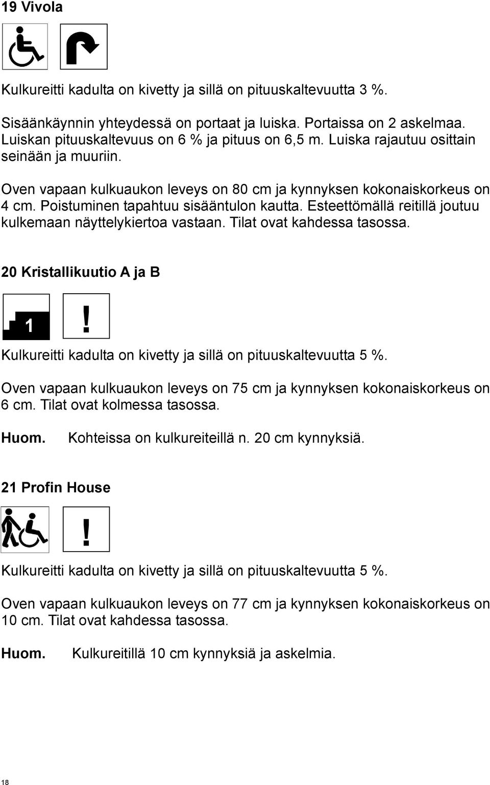 Esteettömällä reitillä joutuu kulkemaan näyttelykiertoa vastaan. Tilat ovat kahdessa tasossa. 0 Kristallikuutio A ja B 1 Kulkureitti kadulta on kivetty ja sillä on pituuskaltevuutta 5 %.