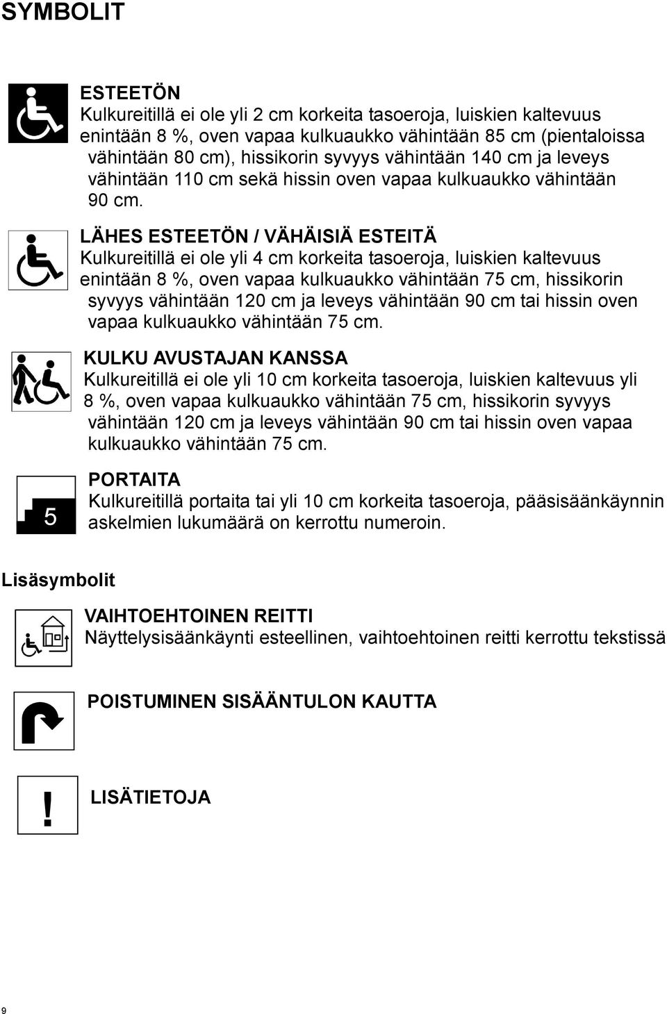 LÄHES ESTEETÖN / VÄHÄISIÄ ESTEITÄ Kulkureitillä ei ole yli 4 cm korkeita tasoeroja, luiskien kaltevuus enintään 8 %, oven vapaa kulkuaukko vähintään 75 cm, hissikorin syvyys vähintään 10 cm ja leveys