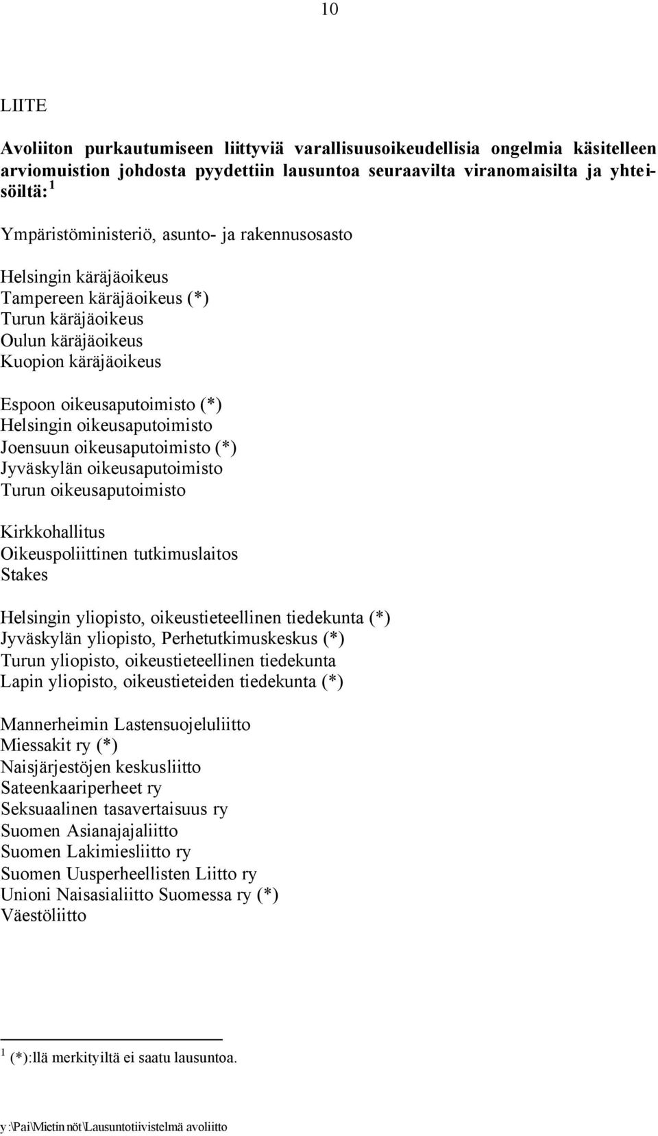 Joensuun oikeusaputoimisto (*) Jyväskylän oikeusaputoimisto Turun oikeusaputoimisto Kirkkohallitus Oikeuspoliittinen tutkimuslaitos Stakes Helsingin yliopisto, oikeustieteellinen tiedekunta (*)