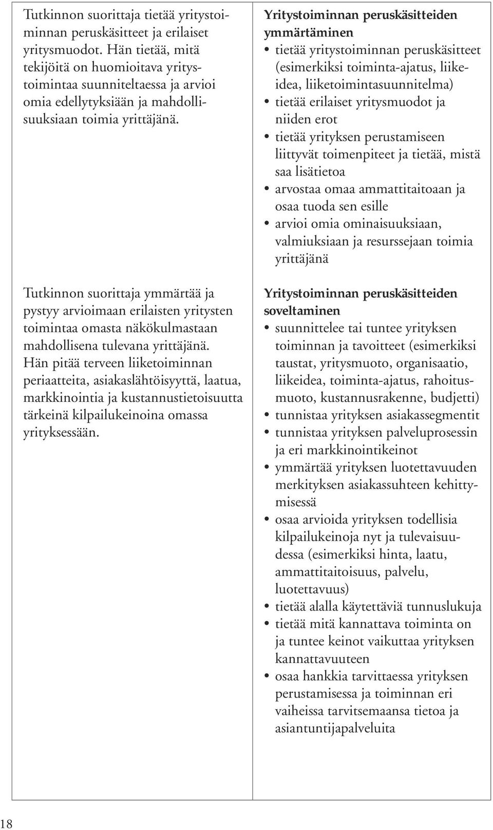 Tutkinnon suorittaja ymmärtää ja pystyy arvioimaan erilaisten yritysten toimintaa omasta näkökulmastaan mahdollisena tulevana yrittäjänä.