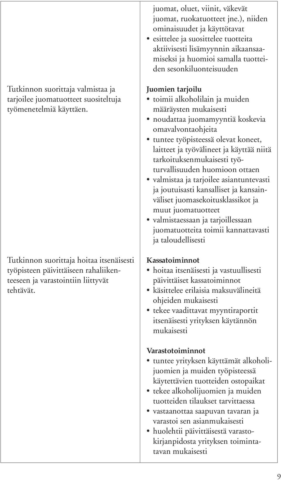 tarjoilee juomatuotteet suositeltuja työmenetelmiä käyttäen. Tutkinnon suorittaja hoitaa itsenäisesti työpisteen päivittäiseen rahaliikenteeseen ja varastointiin liittyvät tehtävät.