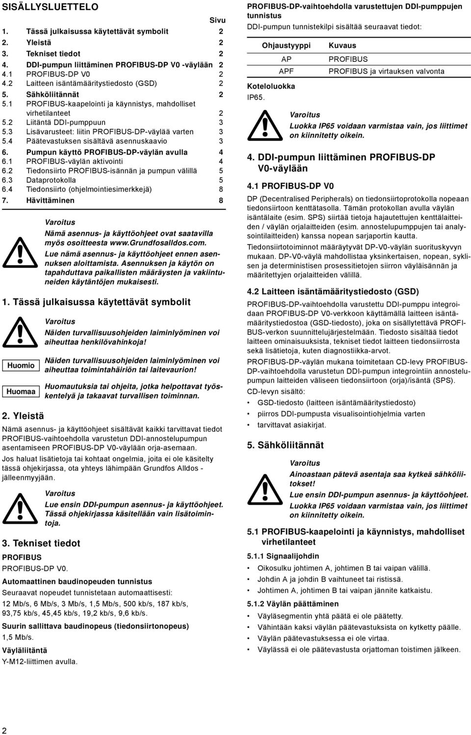 Pumpun käyttö PROFIBUS-DP-väylän avulla. PROFIBUS-väylän aktivointi. Tiedonsiirto PROFIBUS-isännän ja pumpun välillä. Dataprotokolla. Tiedonsiirto (ohjelmointiesimerkkejä) 8 7. Hävittäminen 8.
