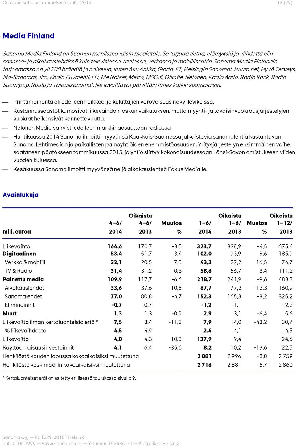 Sanoma Media Finlandin tarjoomassa on yli 200 brändiä ja palvelua, kuten Aku Ankka, Gloria, ET, Helsingin Sanomat, Huuto.