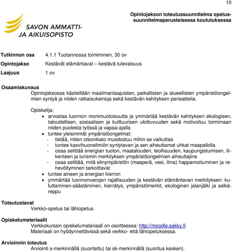 Opiskelija: arvostaa luonnon monimuotoisuutta ja ymmärtää kestävän kehityksen ekologisen, taloudellisen, sosiaalisen ja kulttuurisen ulottuvuuden sekä motivoituu toimimaan niiden puolesta työssä ja