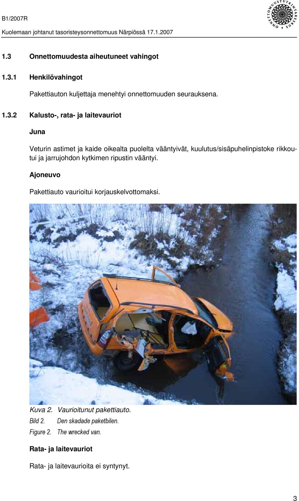rikkoutui ja jarrujohdon kytkimen ripustin vääntyi. Ajoneuvo Pakettiauto vaurioitui korjauskelvottomaksi. Kuva 2.