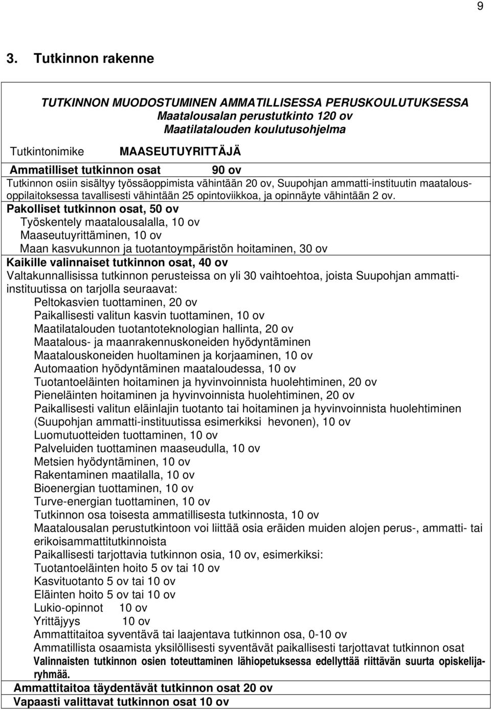 ov. Pakolliset tutkinnon osat, 50 ov Työskentely maatalousalalla, 10 ov Maaseutuyrittäminen, 10 ov Maan kasvukunnon ja tuotantoympäristön hoitaminen, 30 ov Kaikille valinnaiset tutkinnon osat, 40 ov