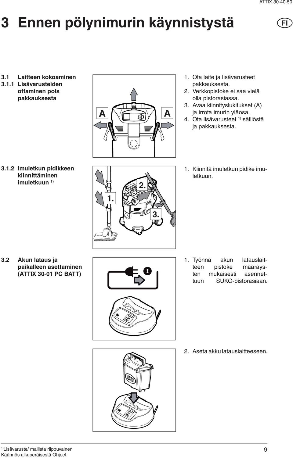 Ota lisävarusteet säiliöstä ja pakkauksesta. 3.1.2 Imuletkun pidikkeen kiinnittäminen imuletkuun 2. 1. Kiinnitä imuletkun pidike imuletkuun. 1. 3. 3.2 kun lataus ja paikalleen asettaminen (TTIX 30-01 PC BTT) 1.