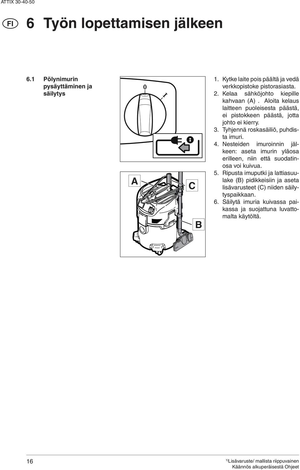 loita kelaus laitteen puoleisesta päästä, ei pistokkeen päästä, jotta johto ei kierry. 3. Tyhjennä roskasäiliö, puhdista imuri. 4.