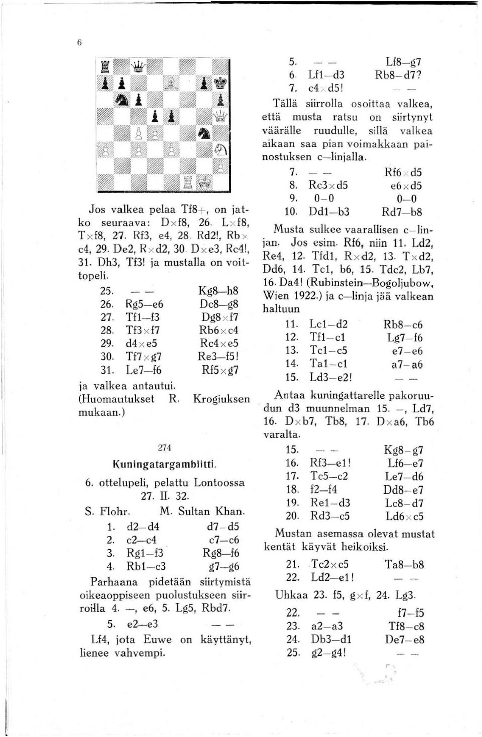 (Huomautukset R. Krogiuksen mukaan.) 274 Kun ingatarga mbl i Iti. 6. ottelupeli, pelattu Lontoossa 27. II. 32. S. Flohr. M. Sultan Khan. 1. d2- d4 d7 - d5 2. c2-c4 c7-c6 3. Rgl- f3 RgS-16 4.