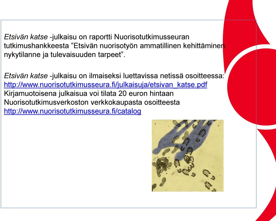 Etsivän katse -julkaisu on ilmaiseksi luettavissa netissä osoitteessa: http://www.nuorisotutkimusseura.