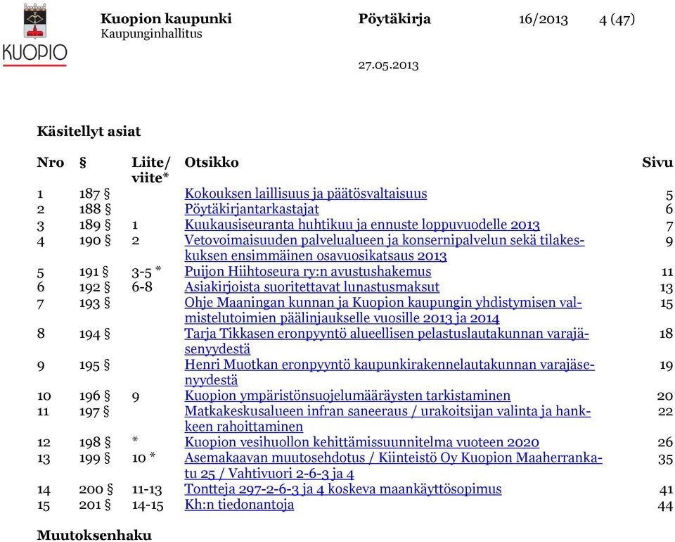 avustushakemus 11 6 192 6-8 Asiakirjoista suoritettavat lunastusmaksut 13 7 193 Ohje Maaningan kunnan ja Kuopion kaupungin yhdistymisen valmistelutoimien 15 päälinjaukselle vuosille 2013 ja 2014 8