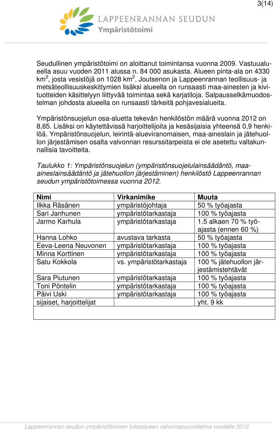 Salpausselkämuodostelman johdosta alueella on runsaasti tärkeitä pohjavesialueita. Ympäristönsuojelun osa-aluetta tekevän henkilöstön määrä vuonna 2012 on 8,65.