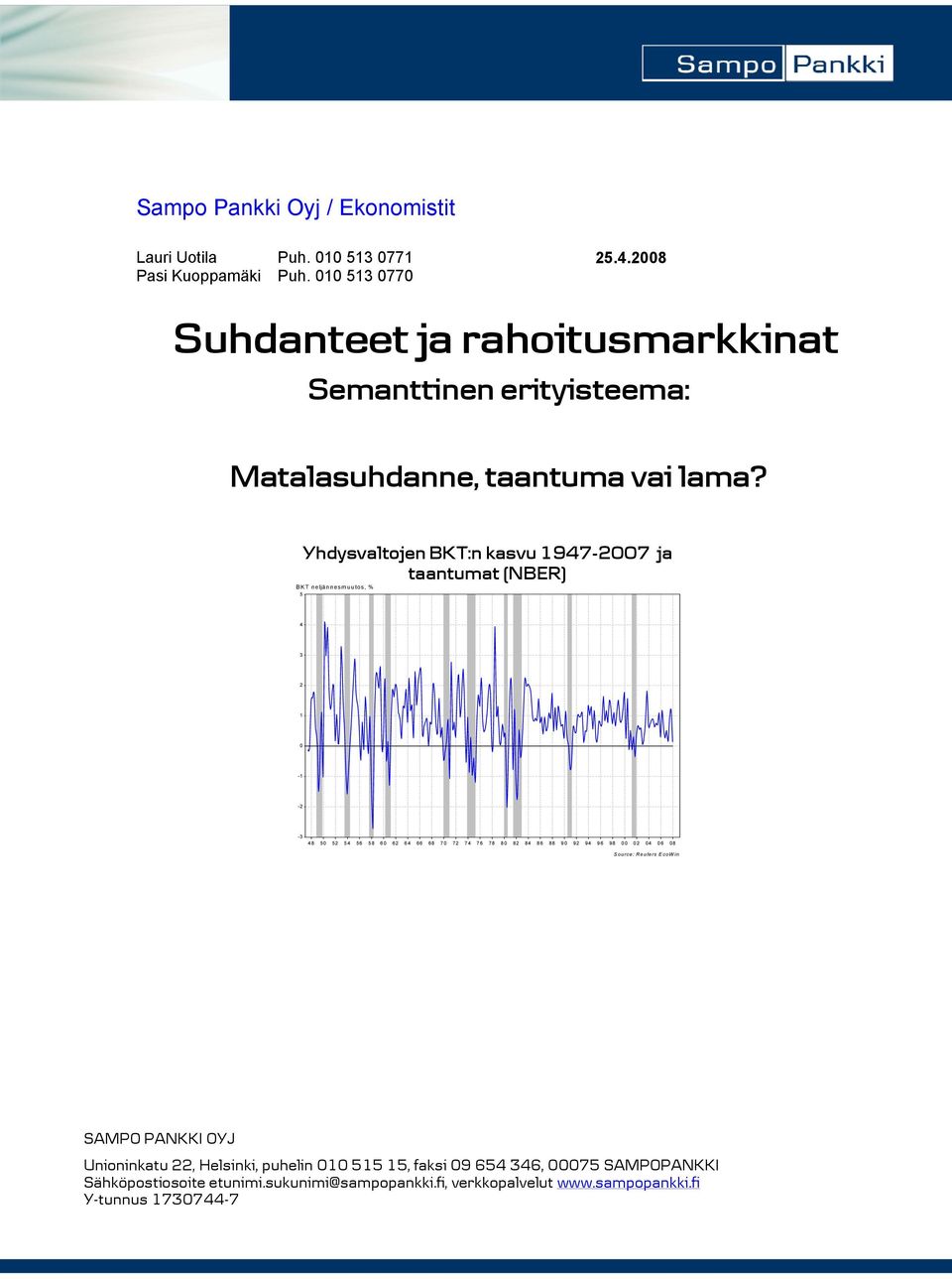 Yhdysvaltojen BKT:n kasvu 1947-2007 ja taantumat (NBER) BKT neljännesmuutos, % 5 4 3 2 1 0-1 -2-3 48 50 52 54 56 58 60 62 64 66 68 70 72 74 76 78 80 82