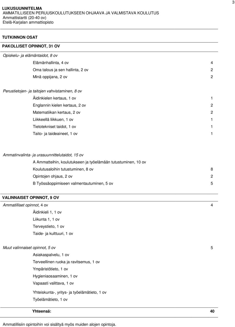 2 ov 2 Matematiikan kertaus, 2 ov 2 Liikkeellä liikkuen, 1 ov 1 Tietotekniset taidot, 1 ov 1 Taito- ja taideaineet, 1 ov 1 Ammatinvalinta- ja urasuunnittelutaidot, 15 ov A Ammatteihin, koulutukseen