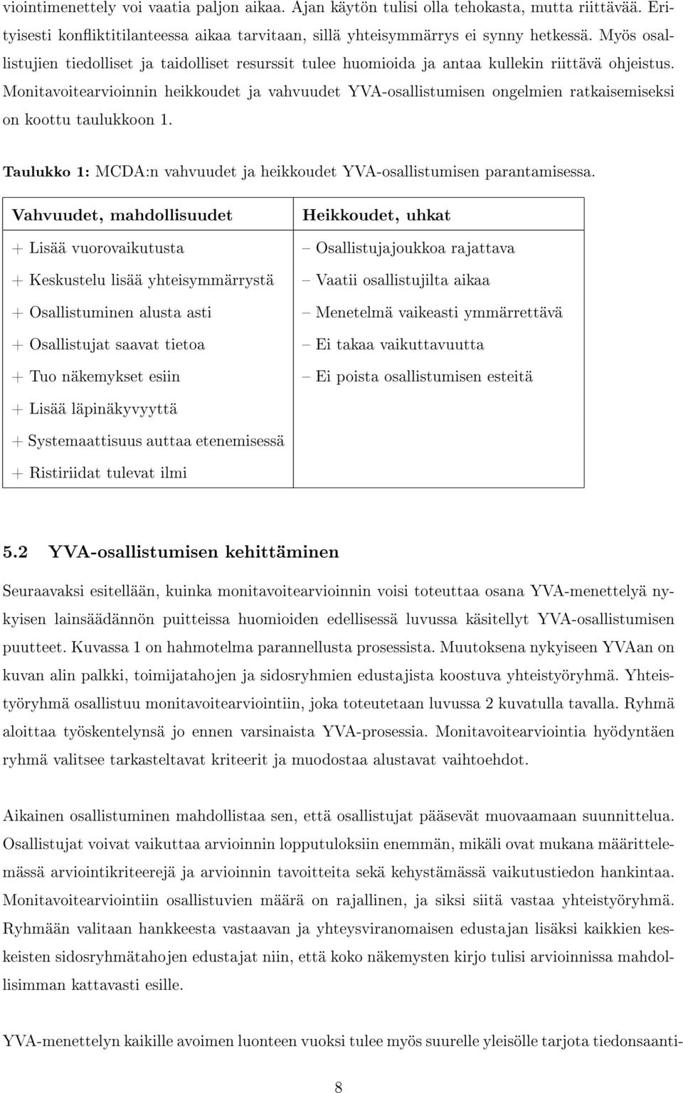 Monitavoitearvioinnin heikkoudet ja vahvuudet YVA-osallistumisen ongelmien ratkaisemiseksi on koottu taulukkoon 1. Taulukko 1: MCDA:n vahvuudet ja heikkoudet YVA-osallistumisen parantamisessa.