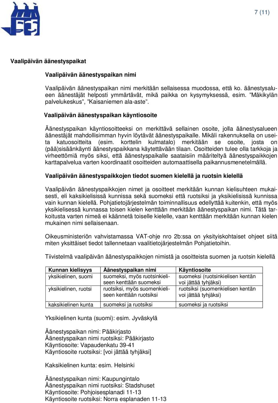 Vaalipäivän äänestyspaikan käyntiosoite Äänestyspaikan käyntiosoitteeksi on merkittävä sellainen osoite, jolla äänestysalueen äänestäjät mahdollisimman hyvin löytävät äänestyspaikalle.