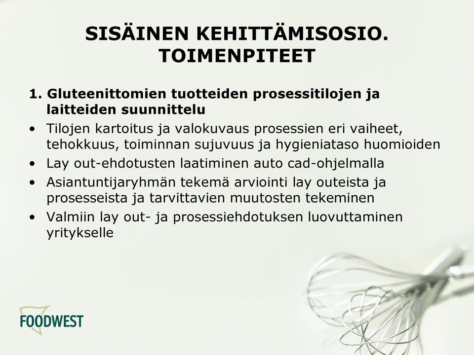 prosessien eri vaiheet, tehokkuus, toiminnan sujuvuus ja hygieniataso huomioiden Lay out-ehdotusten