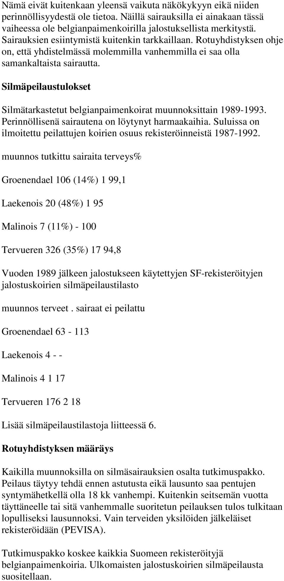 Silmäpeilaustulokset Silmätarkastetut belgianpaimenkoirat muunnoksittain 1989-1993. Perinnöllisenä sairautena on löytynyt harmaakaihia.