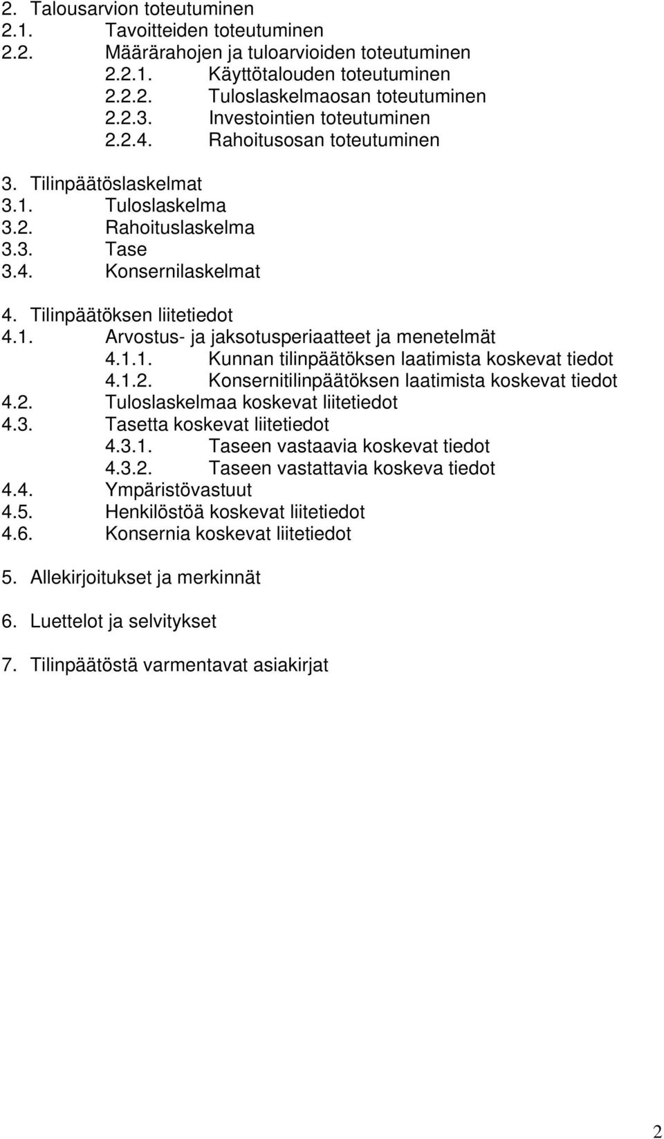 1.1. Kunnan tilinpäätöksen laatimista koskevat tiedot 4.1.2. Konsernitilinpäätöksen laatimista koskevat tiedot 4.2. Tuloslaskelmaa koskevat liitetiedot 4.3. Tasetta koskevat liitetiedot 4.3.1. Taseen vastaavia koskevat tiedot 4.