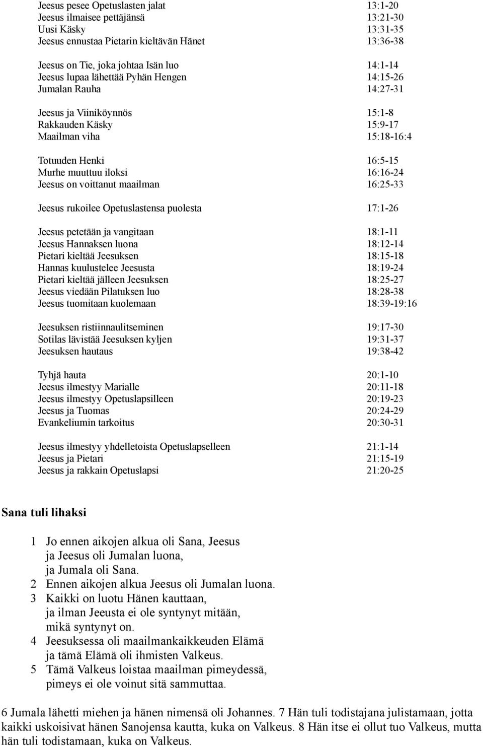 on voittanut maailman 16:25-33 Jeesus rukoilee Opetuslastensa puolesta 17:1-26 Jeesus petetään ja vangitaan 18:1-11 Jeesus Hannaksen luona 18:12-14 Pietari kieltää Jeesuksen 18:15-18 Hannas