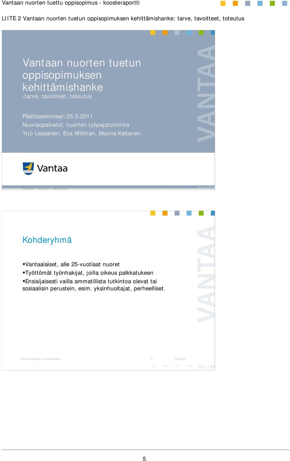 5.2011 Nuorisopalvelut, nuorten työpajatoiminta Yrjö Laasanen, Eija Willman, Moona Kaitanen Kohderyhmä Vantaalaiset, alle 25-vuotiaat