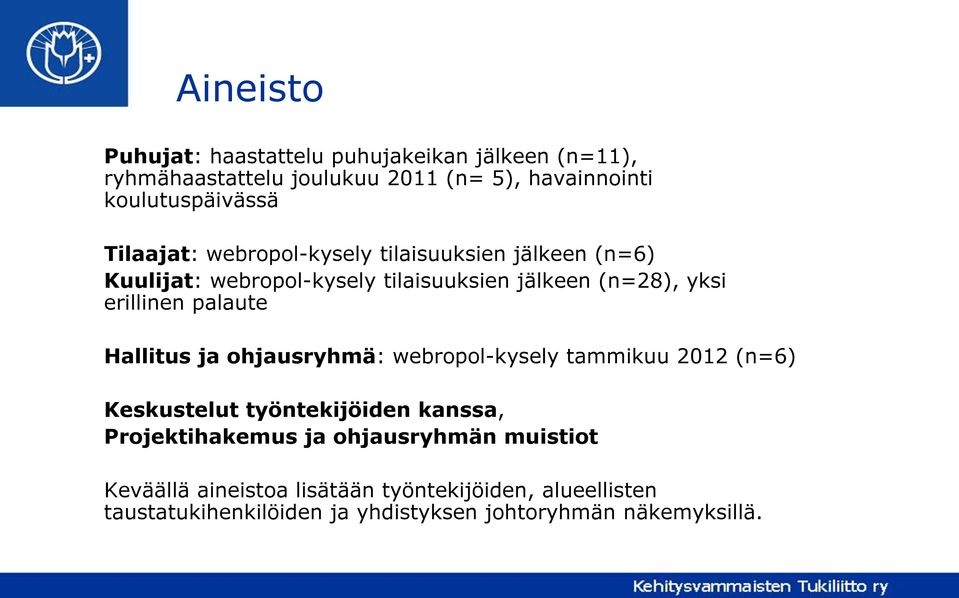 palaute Hallitus ja ohjausryhmä: webropol-kysely tammikuu 2012 (n=6) Keskustelut työntekijöiden kanssa, Projektihakemus ja