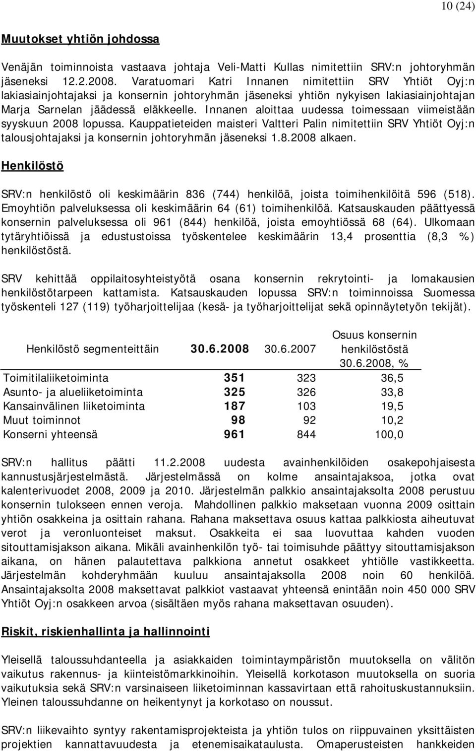 Henkilöstö SRV:n henkilöstö oli keskimäärin 836 (744) henkilöä, joista toimihenkilöitä 596 (518). Emoyhtiön palveluksessa oli keskimäärin 64 (61) toimihenkilöä.