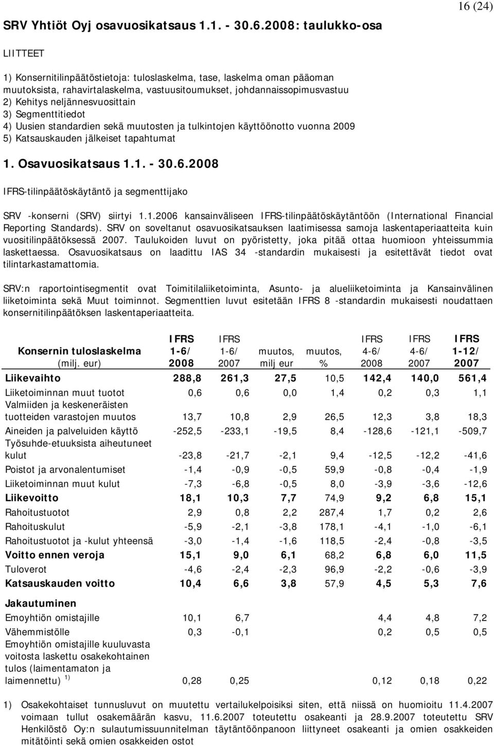 neljännesvuosittain 3) Segmenttitiedot 4) Uusien standardien sekä muutosten ja tulkintojen käyttöönotto vuonna 2009 5) Katsauskauden jälkeiset tapahtumat 1. Osavuosikatsaus 1.1. - 30.6.