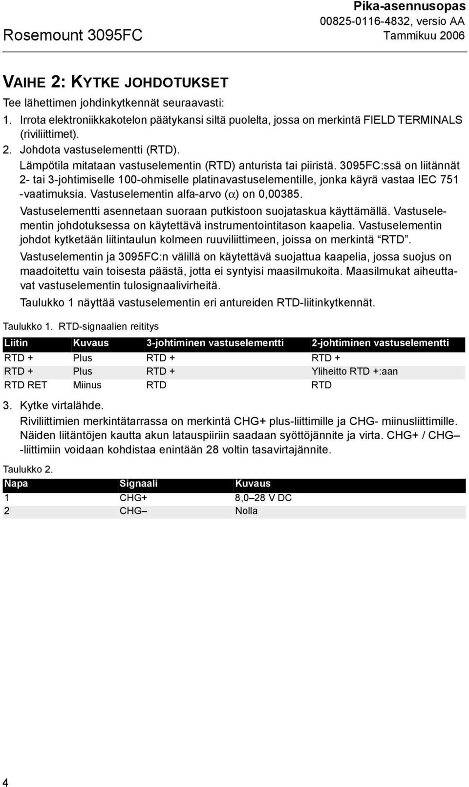 Lämpötila mitataan vastuselementin (RTD) anturista tai piiristä. 3095FC:ssä on liitännät 2- tai 3-johtimiselle 100-ohmiselle platinavastuselementille, jonka käyrä vastaa IEC 751 -vaatimuksia.